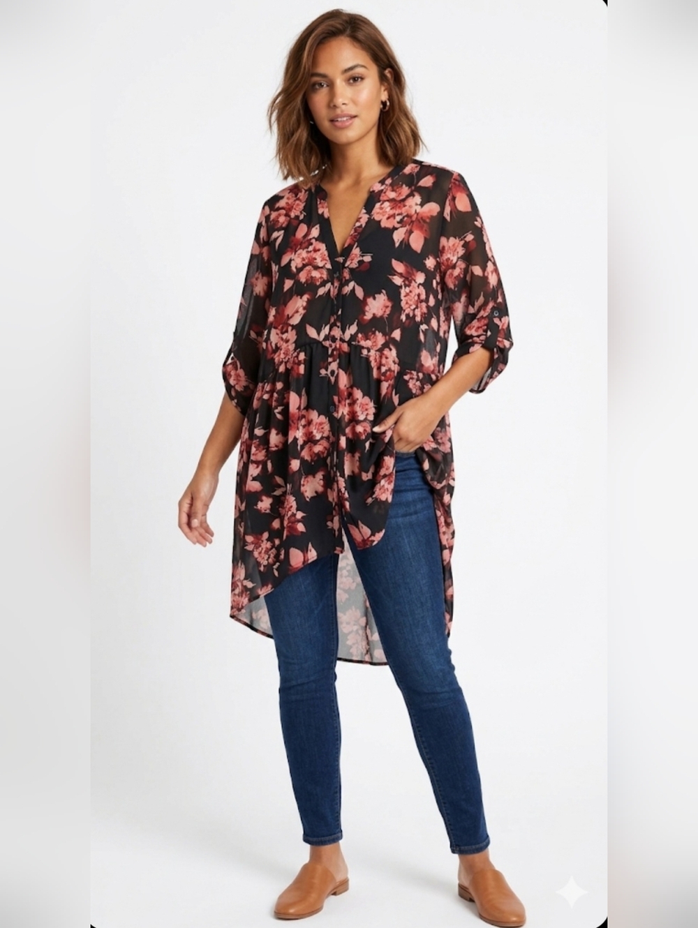 TORRID Floral V-Neck High-Low Tunic Top - Black with Rose Floral,   Size 1